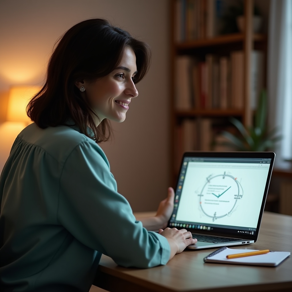 Účastnice online webináře sleduje výukový materiál na notebooku v pohodlném domácím prostředí